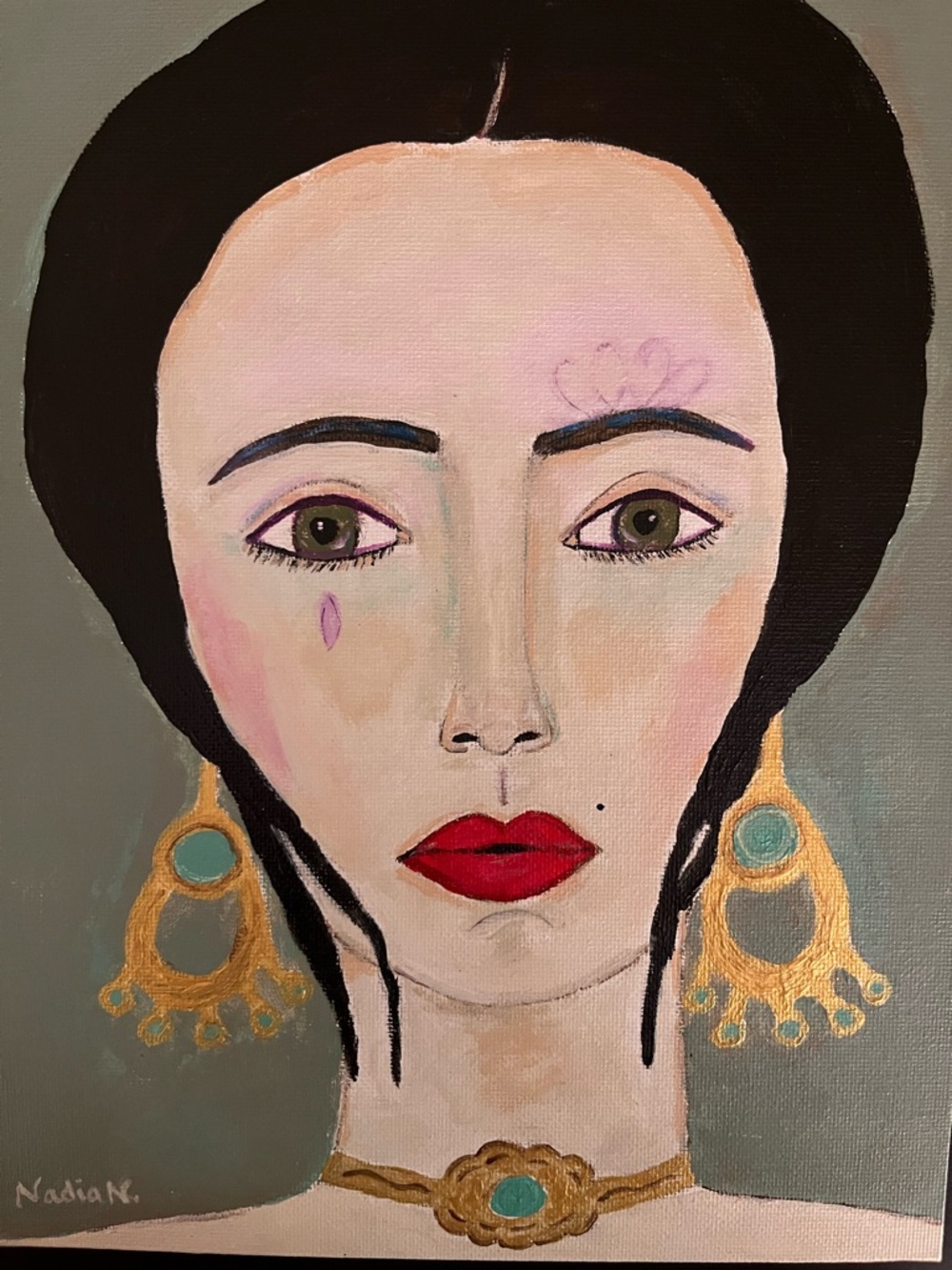Original art portrait painting of woman with large earrings